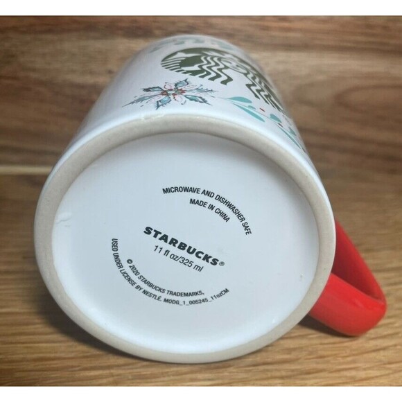 2 Starbucks 2020 Poinsettia Mistletoe Logo Holiday Red Handle Christmas Mug Pair - Picture 13 of 13